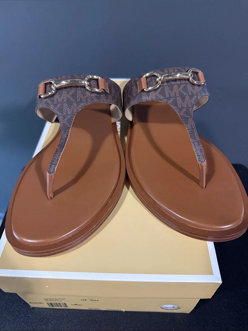 Michael Kors Brown Logo T-strap Sandals with Gold Hardware Size 10M